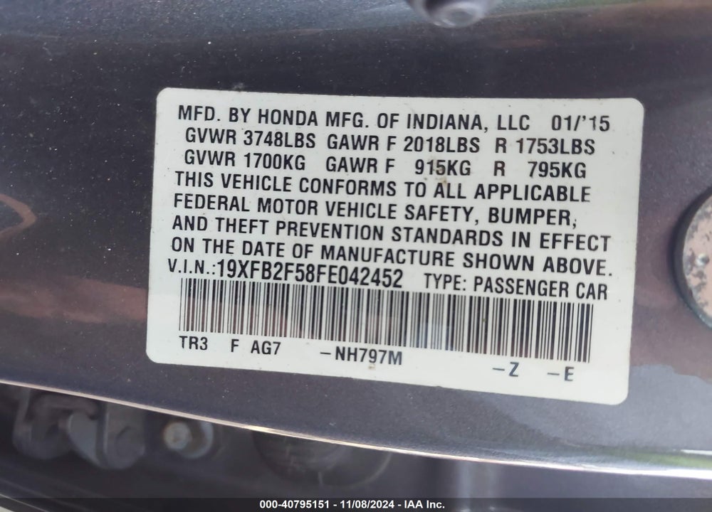 2015 HONDA CIVIC LX VIN: 19XFB2F58FE042452