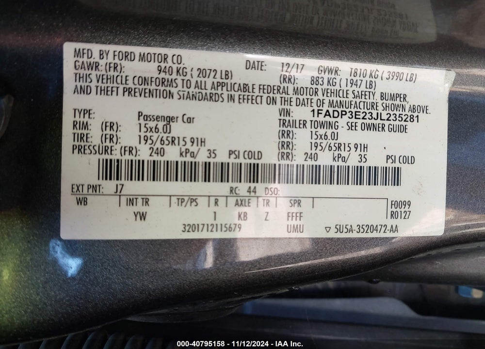 2018 FORD FOCUS S VIN: 1FADP3E23JL235281