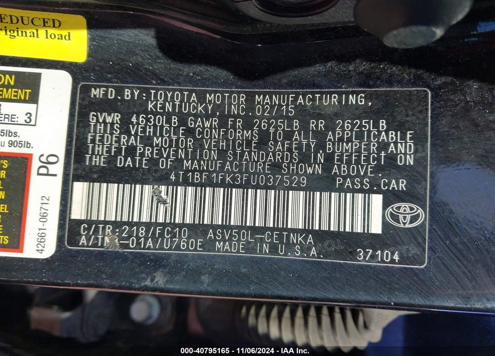 2015 TOYOTA CAMRY LE VIN: 4T1BF1FK3FU037529