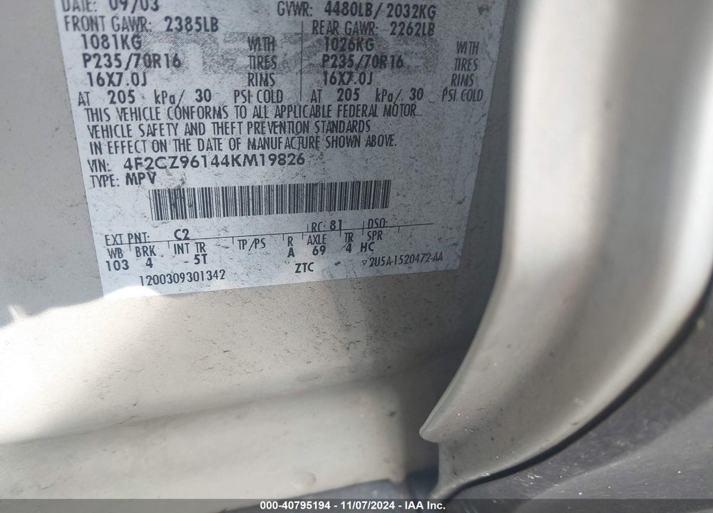 2004 MAZDA TRIBUTE ES VIN: 4F2CZ96144KM19826