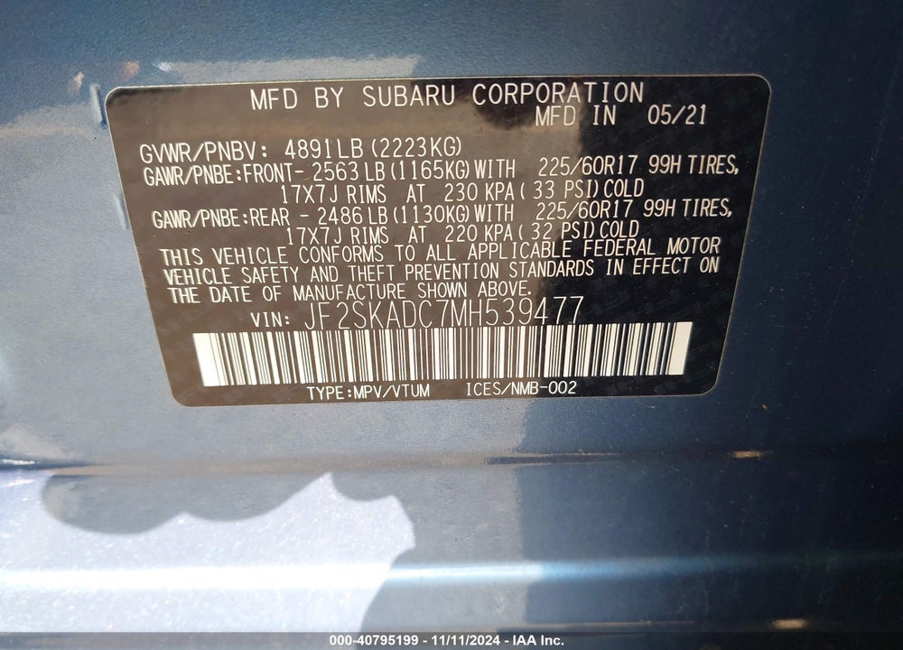 2021 SUBARU FORESTER VIN: JF2SKADC7MH539477