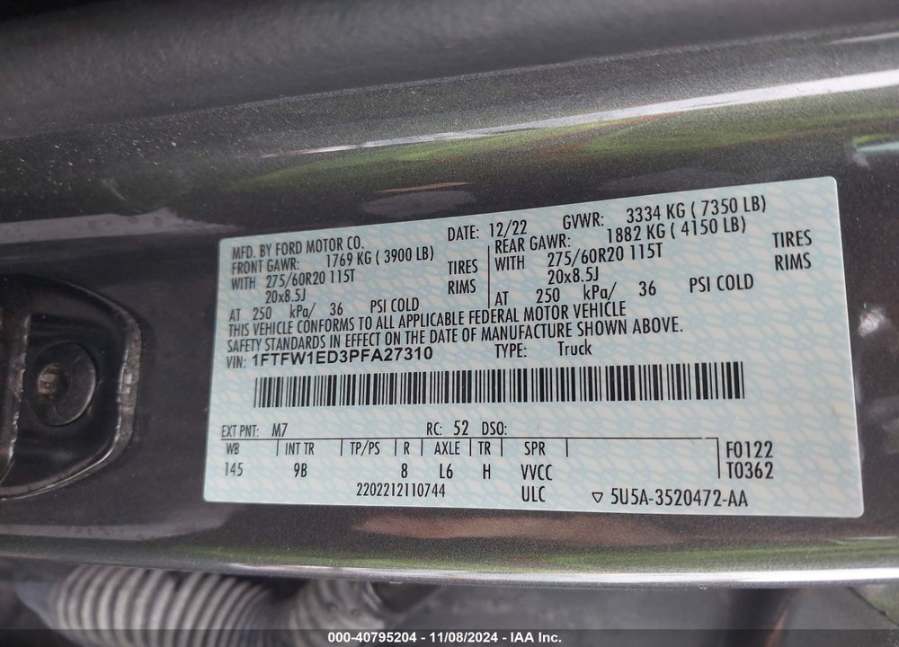 2023 FORD F-150 PLATINUM VIN: 1FTFW1ED3PFA27310