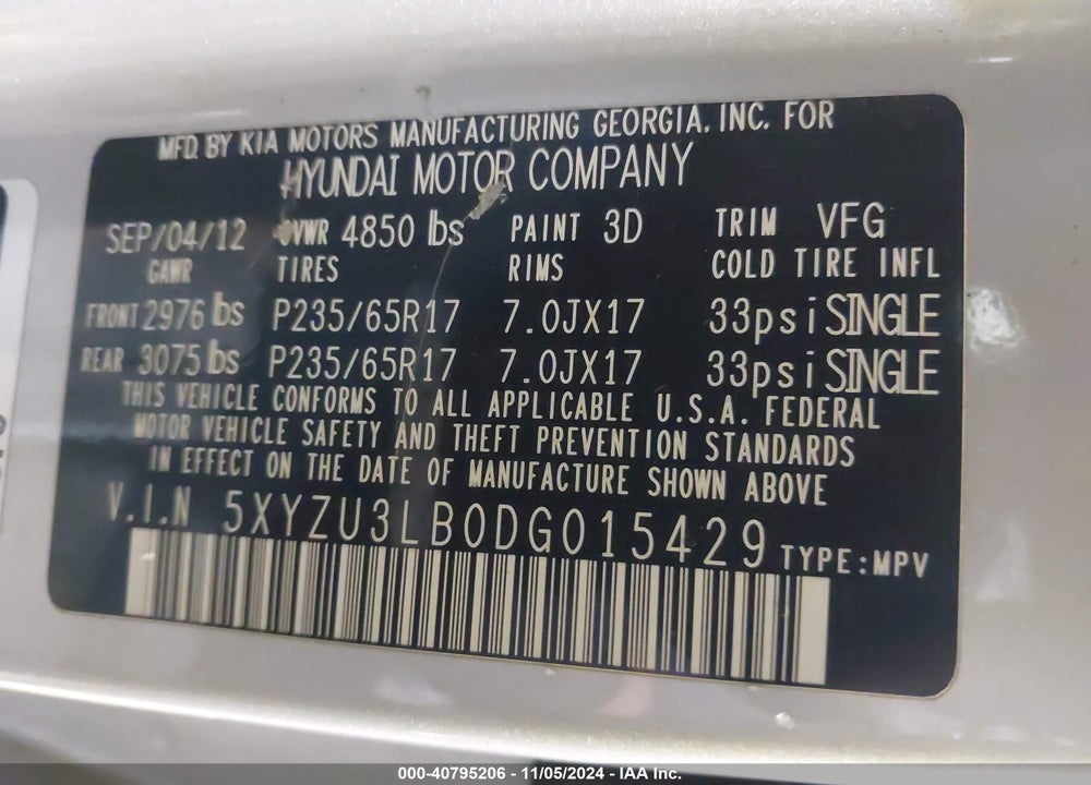 2013 HYUNDAI SANTA FE VIN: 5XYZU3LB0DG015429