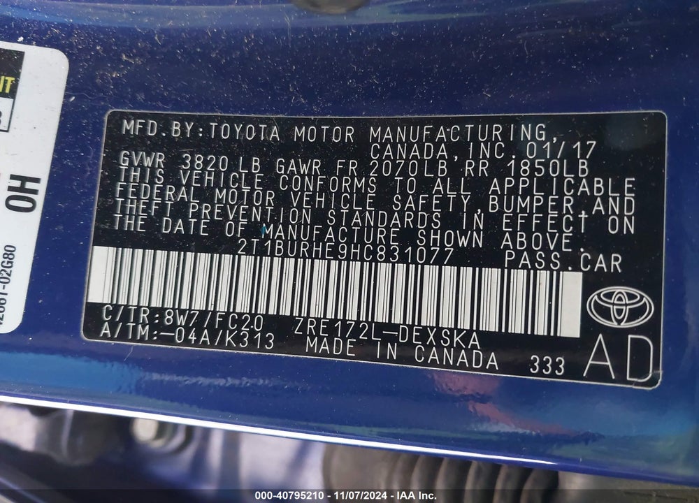 2017 TOYOTA COROLLA SE VIN: 2T1BURHE9HC831077
