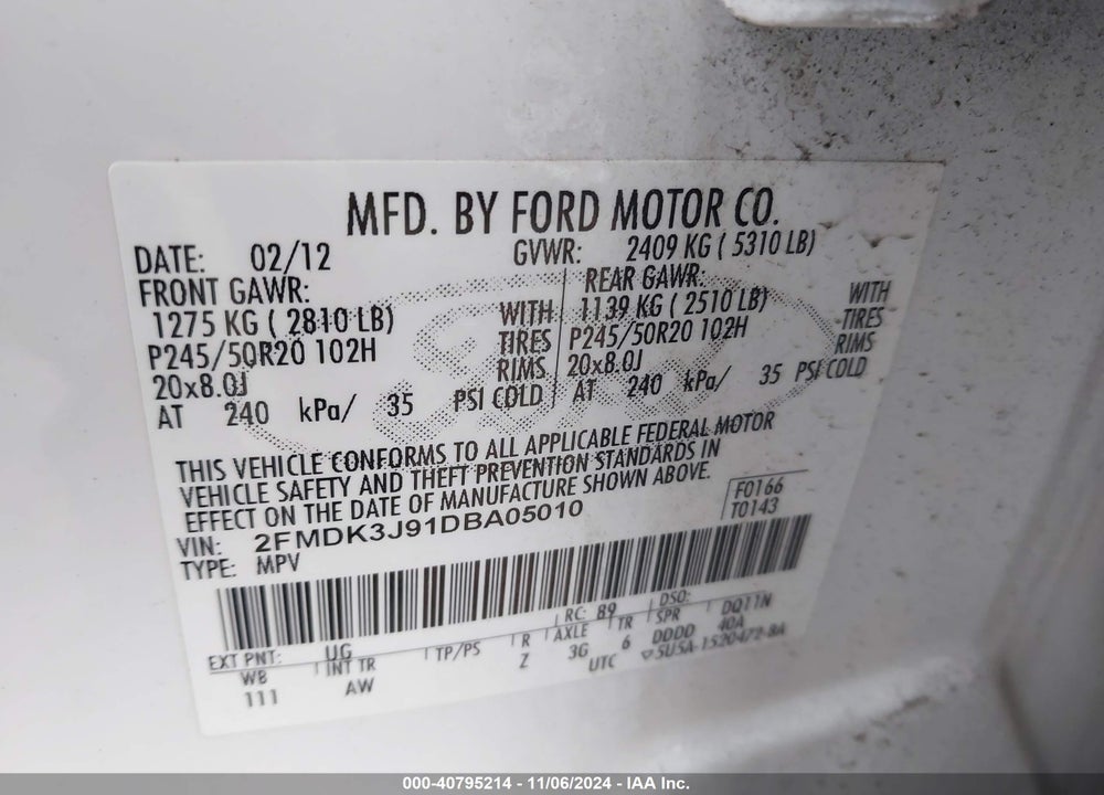 2013 FORD EDGE SEL VIN: 2FMDK3J91DBA05010