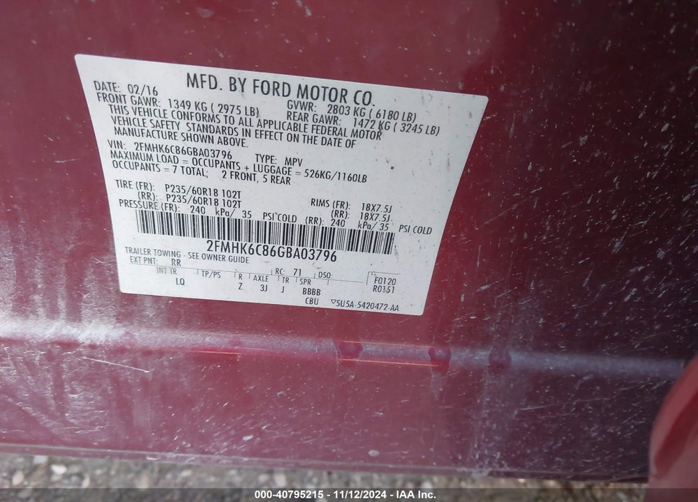 2016 FORD FLEX SEL VIN: 2FMHK6C86GBA03796