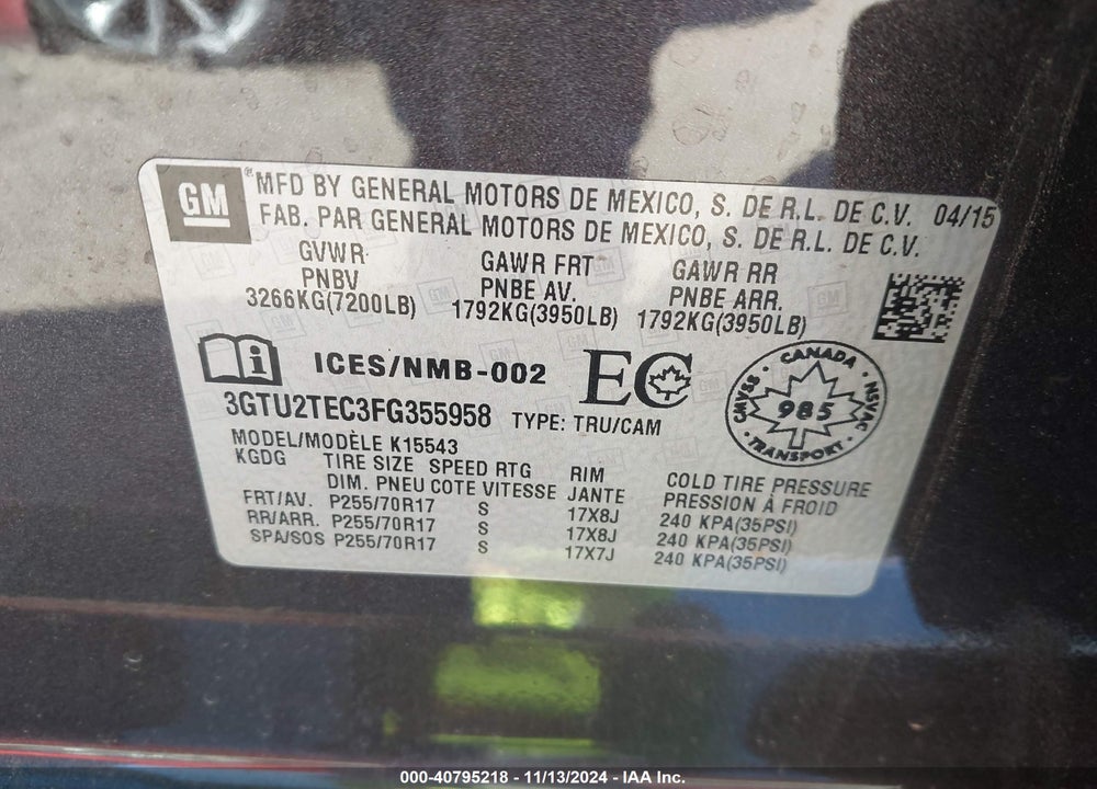 2015 GMC SIERRA 1500 VIN: 3GTU2TEC3FG355958