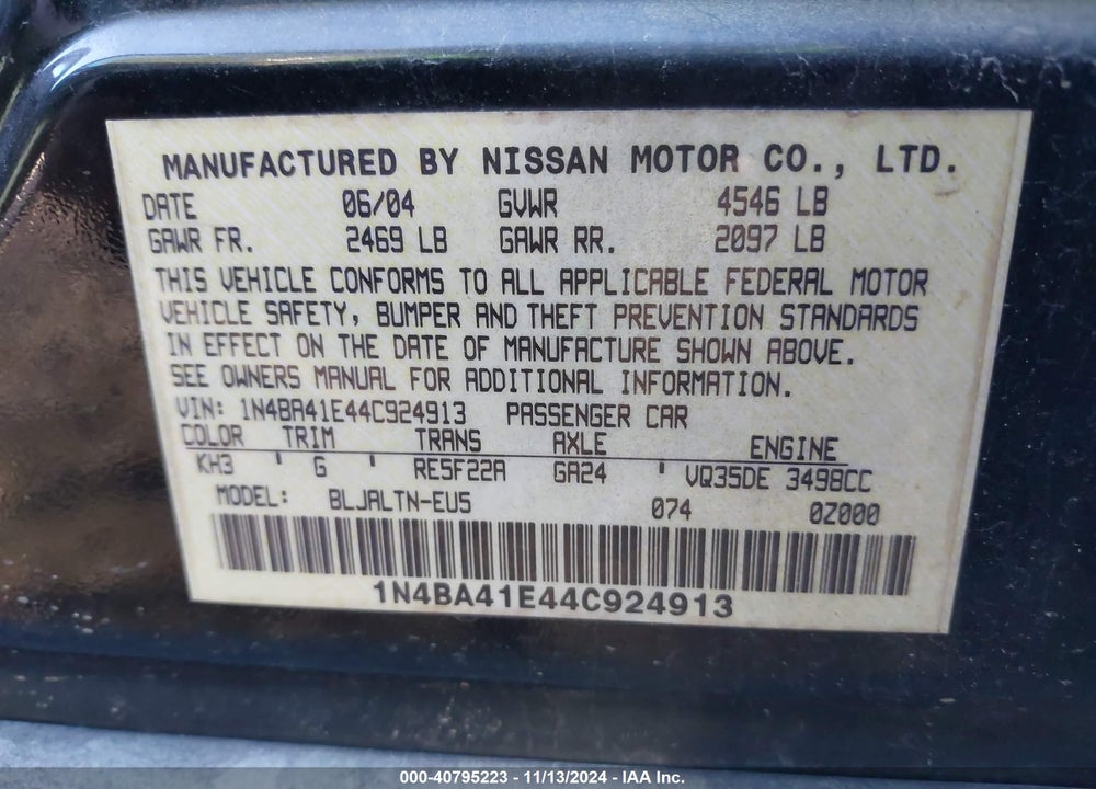2004 NISSAN MAXIMA 3.5 SE VIN: 1N4BA41E44C924913