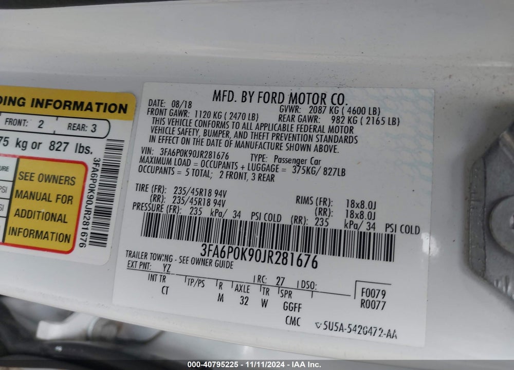 2018 FORD FUSION VIN: 3FA6P0K90JR281676