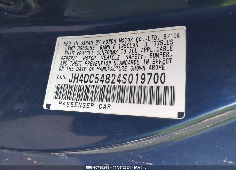 2004 ACURA RSX VIN: JH4DC54824S019700