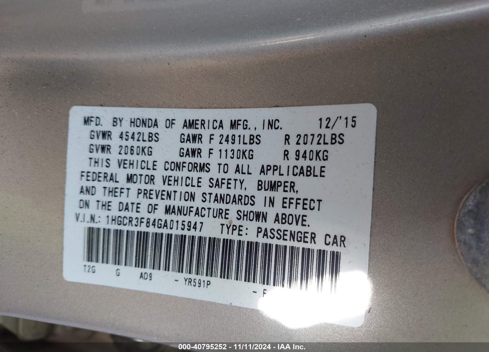 2016 HONDA ACCORD EX-L V-6 VIN: 1HGCR3F84GA015947