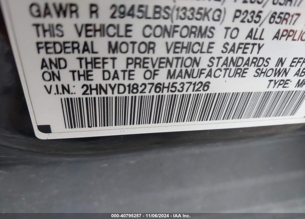 2006 ACURA MDX VIN: 2HNYD18276H537126