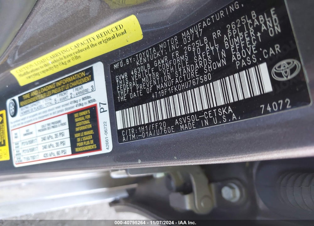 2017 TOYOTA CAMRY SE VIN: 4T1BF1FK0HU767580