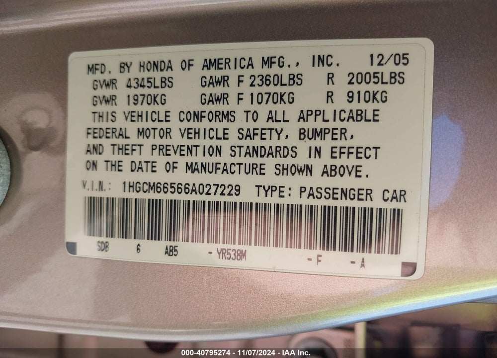 2006 HONDA ACCORD 3.0 EX VIN: 1HGCM66566A027229