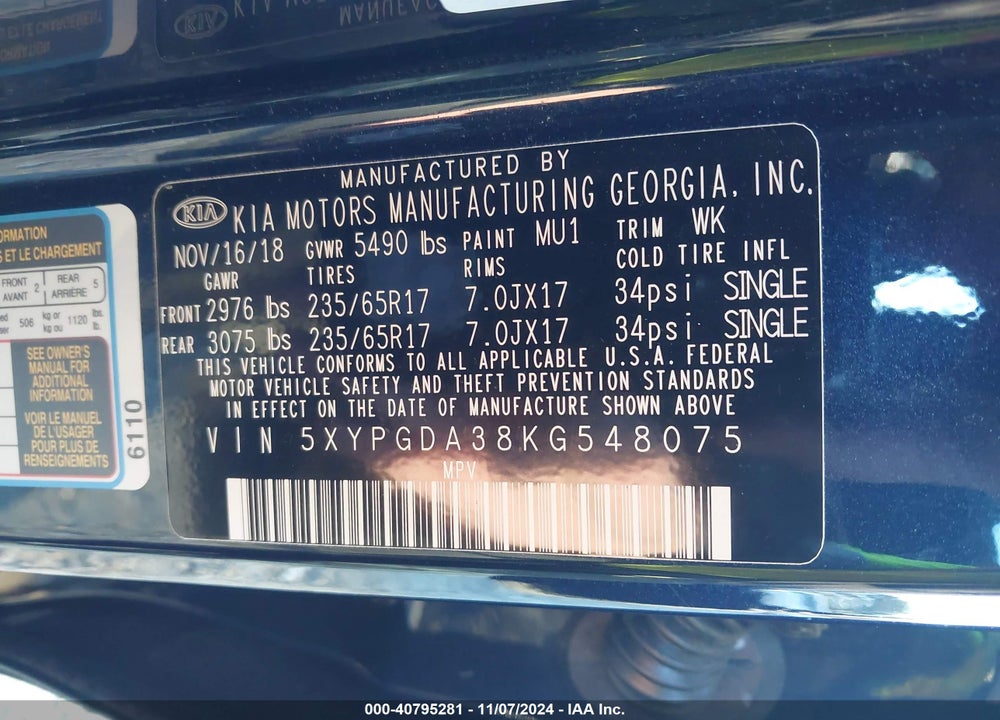 2019 KIA SORENTO 2.4L LX VIN: 5XYPGDA38KG548075