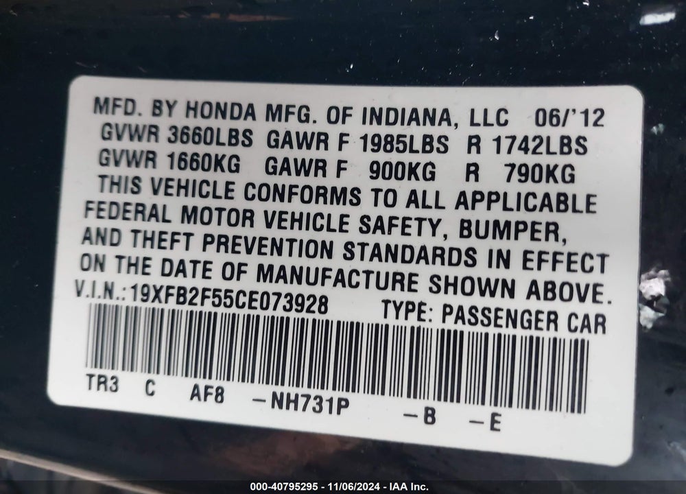 2012 HONDA CIVIC LX VIN: 19XFB2F55CE073928