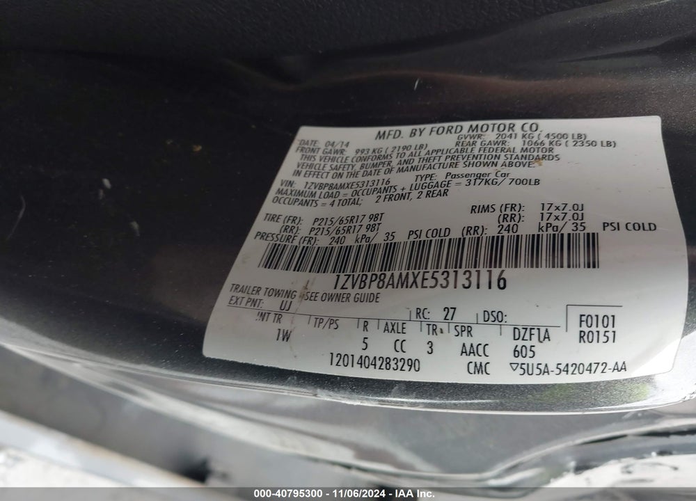 2014 FORD MUSTANG V6 VIN: 1ZVBP8AMXE5313116