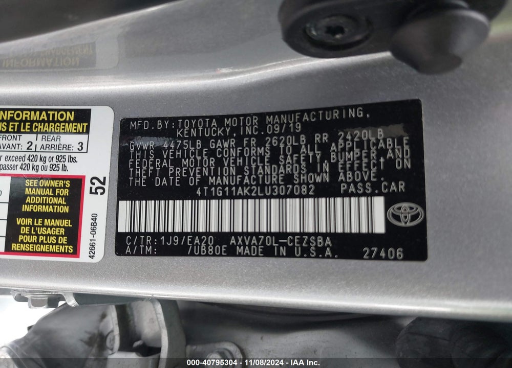 2020 TOYOTA CAMRY SE VIN: 4T1G11AK2LU307082
