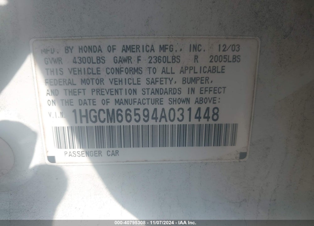 2004 HONDA ACCORD 3.0 EX VIN: 1HGCM66594A031448
