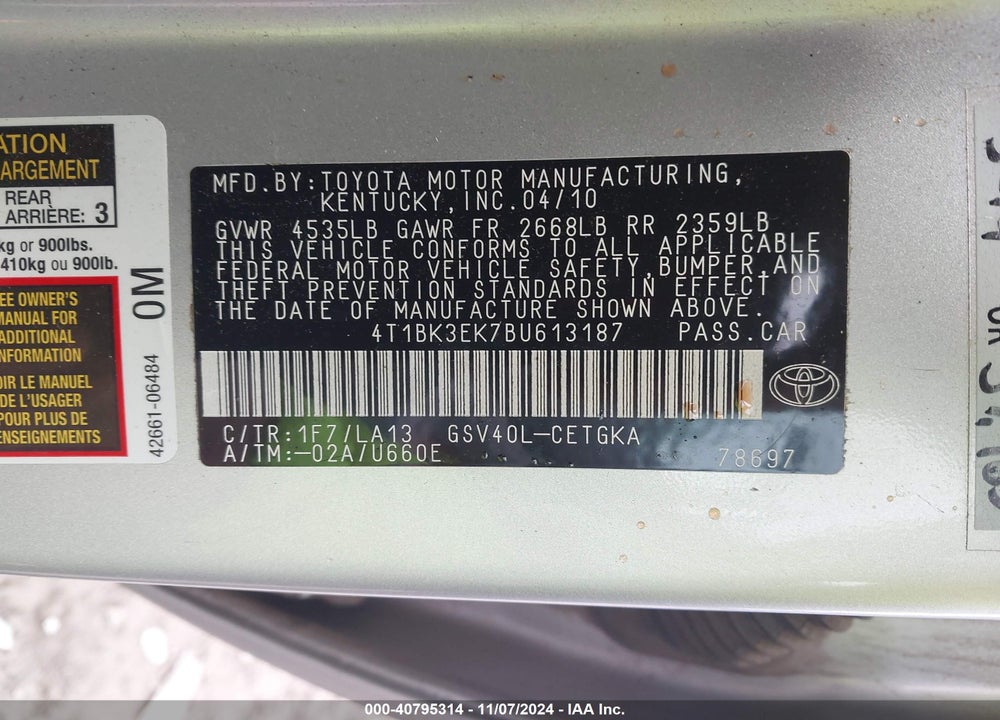 2011 TOYOTA CAMRY XLE V6 VIN: 4T1BK3EK7BU613187