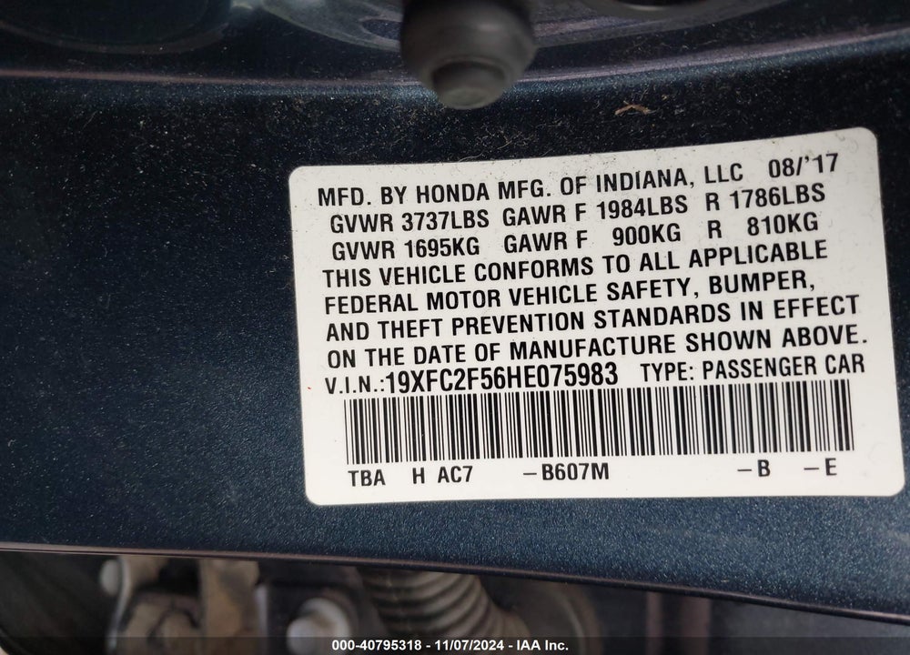 2017 HONDA CIVIC LX VIN: 19XFC2F56HE075983