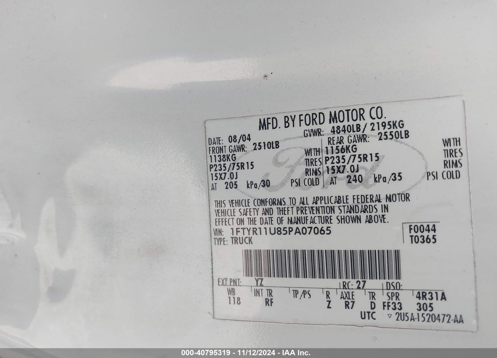 2005 FORD RANGER EDGE/XL/XLT VIN: 1FTYR11U85PA07065