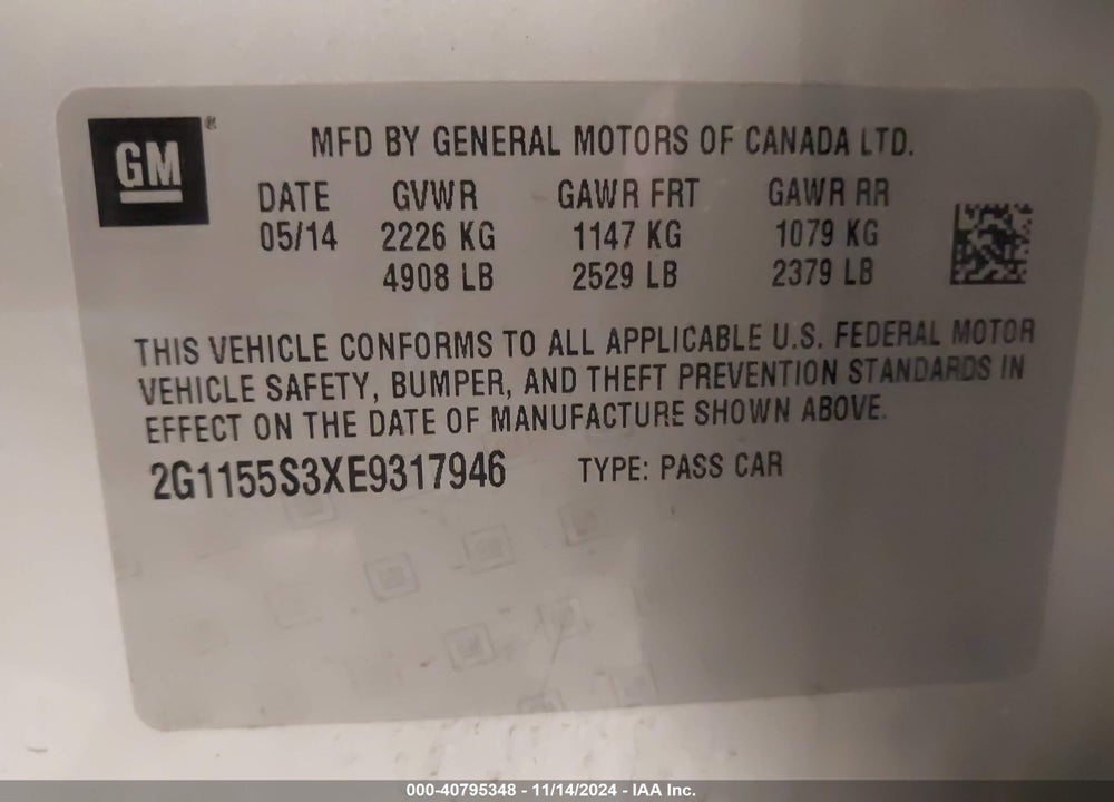 2014 CHEVROLET IMPALA 2LZ VIN: 2G1155S3XE9317946