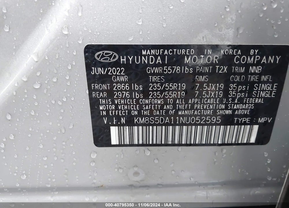 2022 HYUNDAI SANTA FE HYBRID LIMITED VIN: KM8S5DA11NU052595