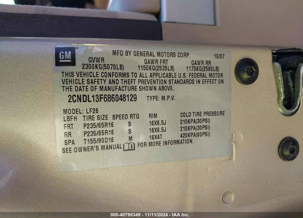 2008 CHEVROLET EQUINOX LS VIN: 2CNDL13F686048129
