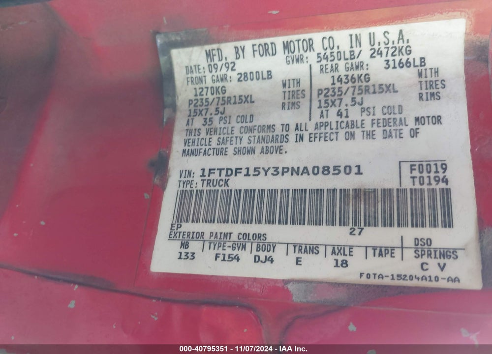 1993 FORD F150 VIN: 1FTDF15Y3PNA08501