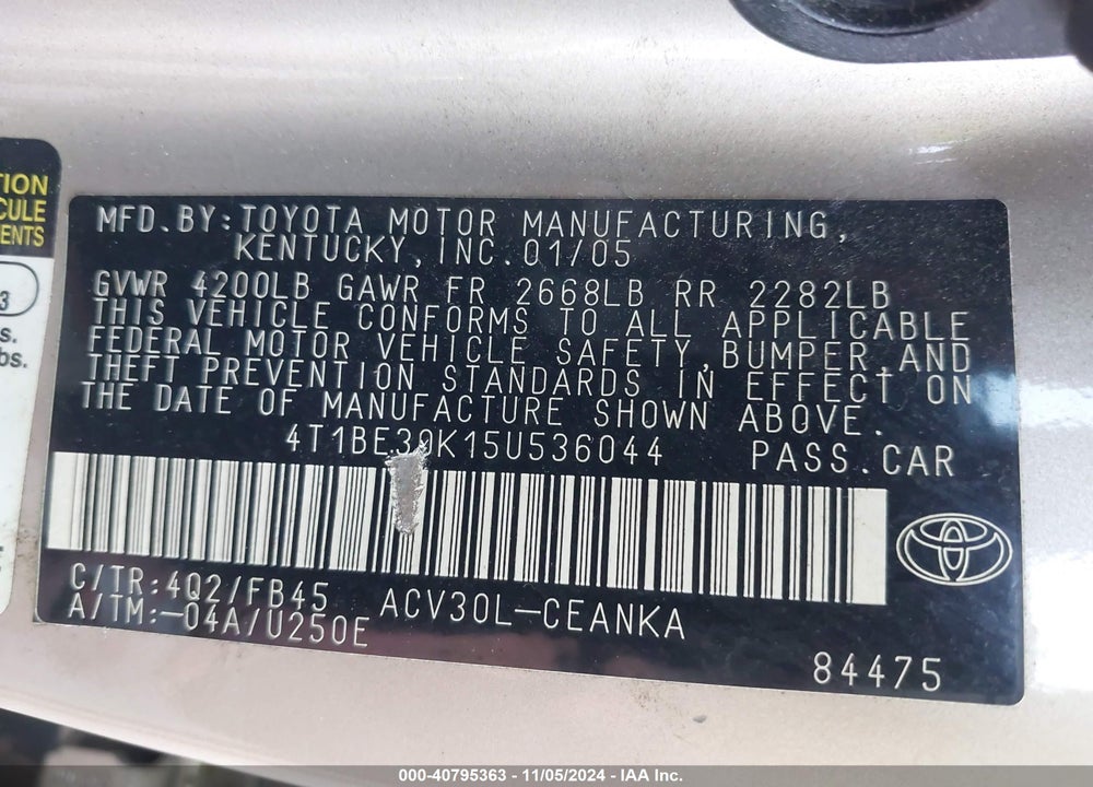 2005 TOYOTA CAMRY LE VIN: 4T1BE30K15U536044