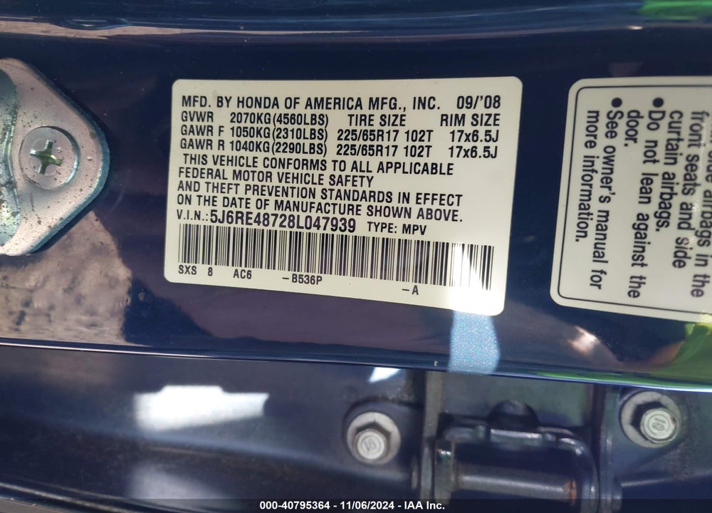 2008 HONDA CR-V EX-L VIN: 5J6RE48728L047939