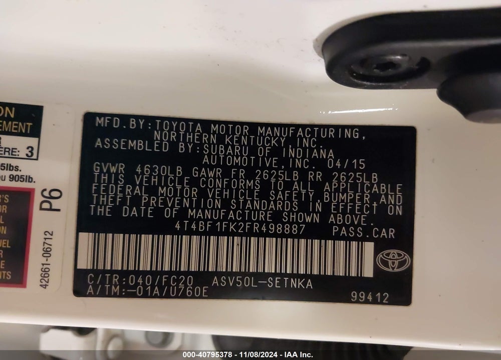 2015 TOYOTA CAMRY LE VIN: 4T4BF1FK2FR498887
