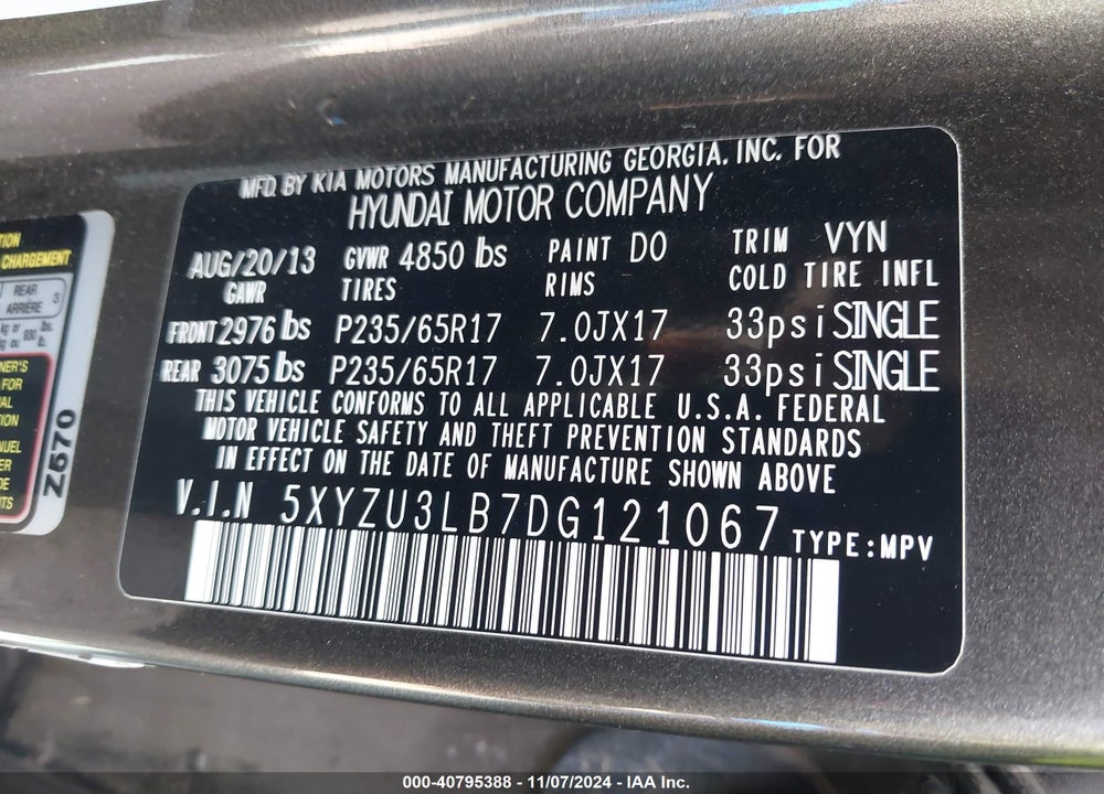 2013 HYUNDAI SANTA FE SPORT VIN: 5XYZU3LB7DG121067