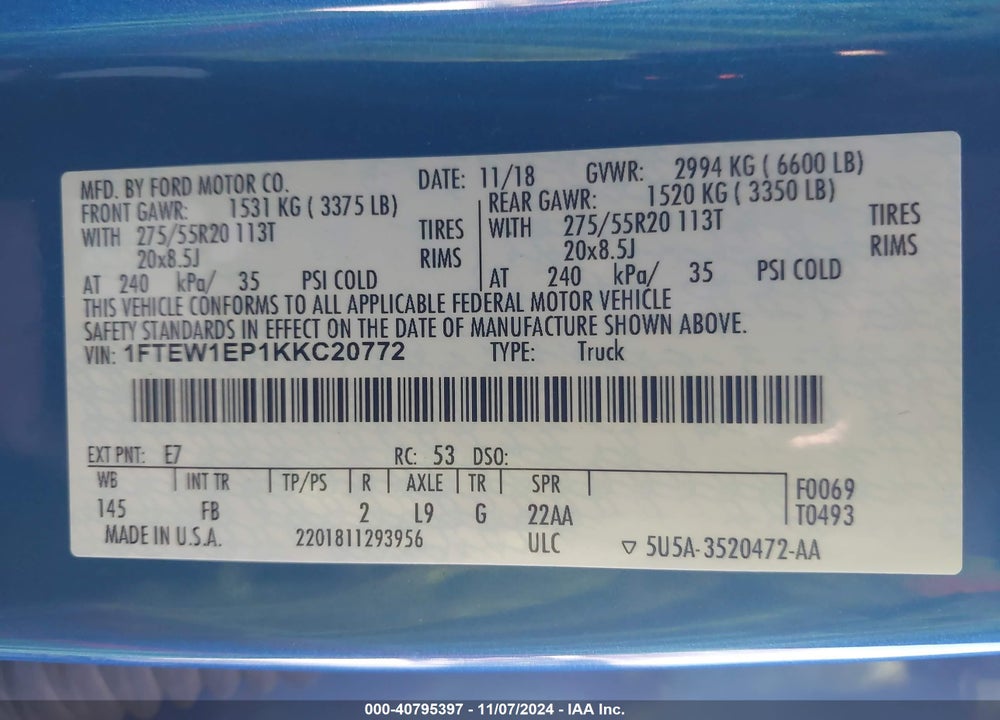 2019 FORD F-150 XLT VIN: 1FTEW1EP1KKC20772