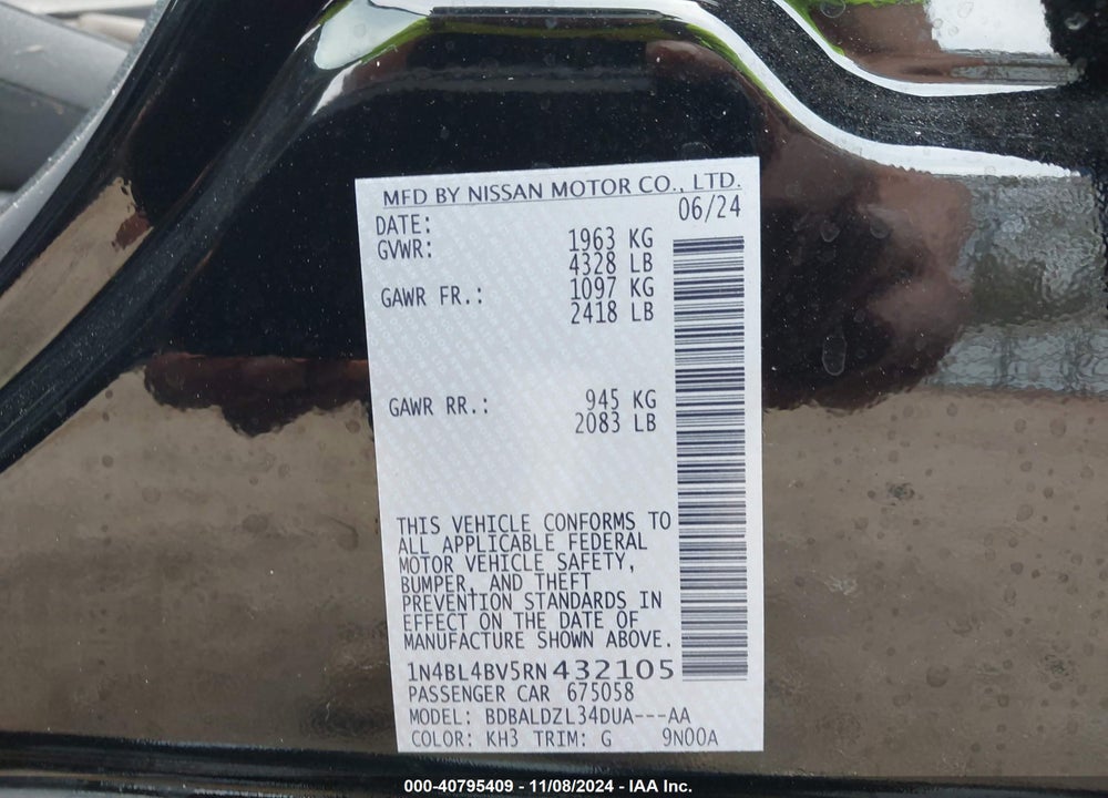 2024 NISSAN ALTIMA S FWD VIN: 1N4BL4BV5RN432105