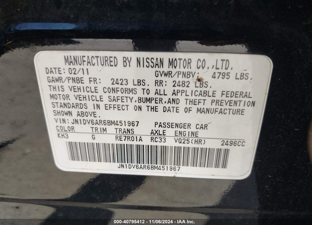 2011 INFINITI G25X VIN: JN1DV6AR6BM451967