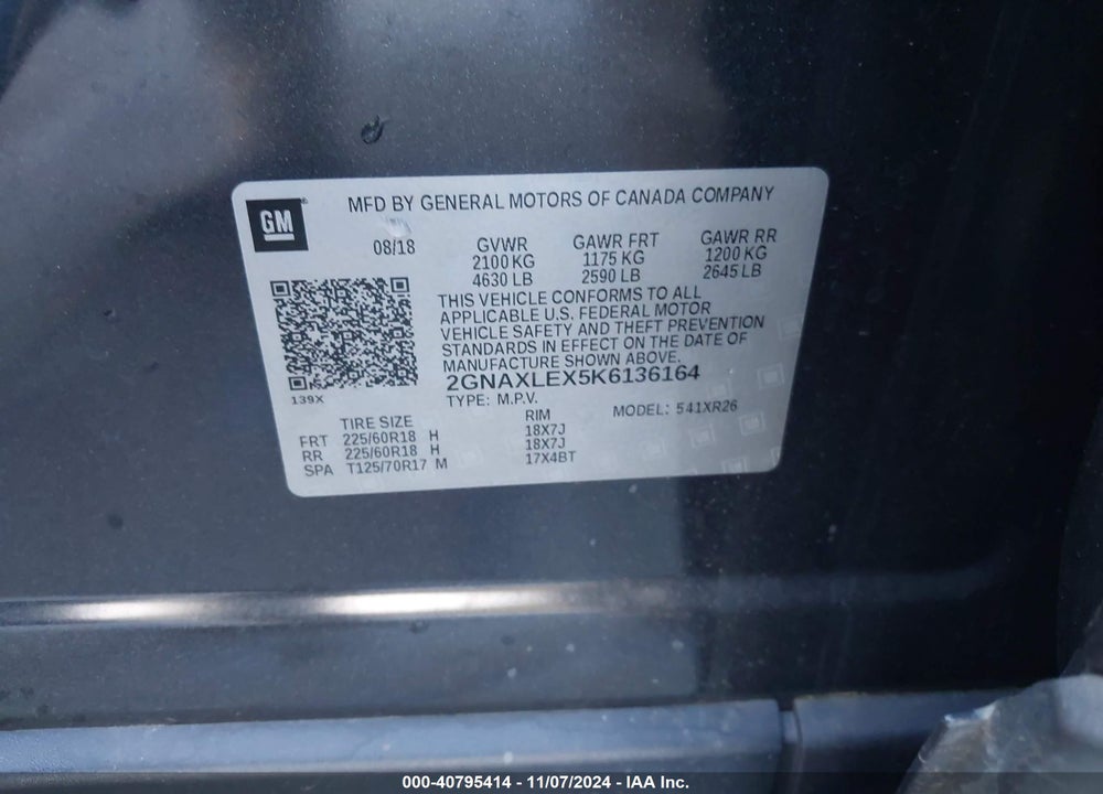 2019 CHEVROLET EQUINOX LT VIN: 2GNAXLEX5K6136164