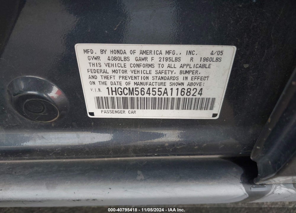 2005 HONDA ACCORD 2.4 LX VIN: 1HGCM56455A116824