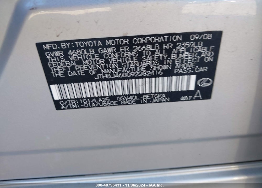 2009 LEXUS ES 350 VIN: JTHBJ46G092282416