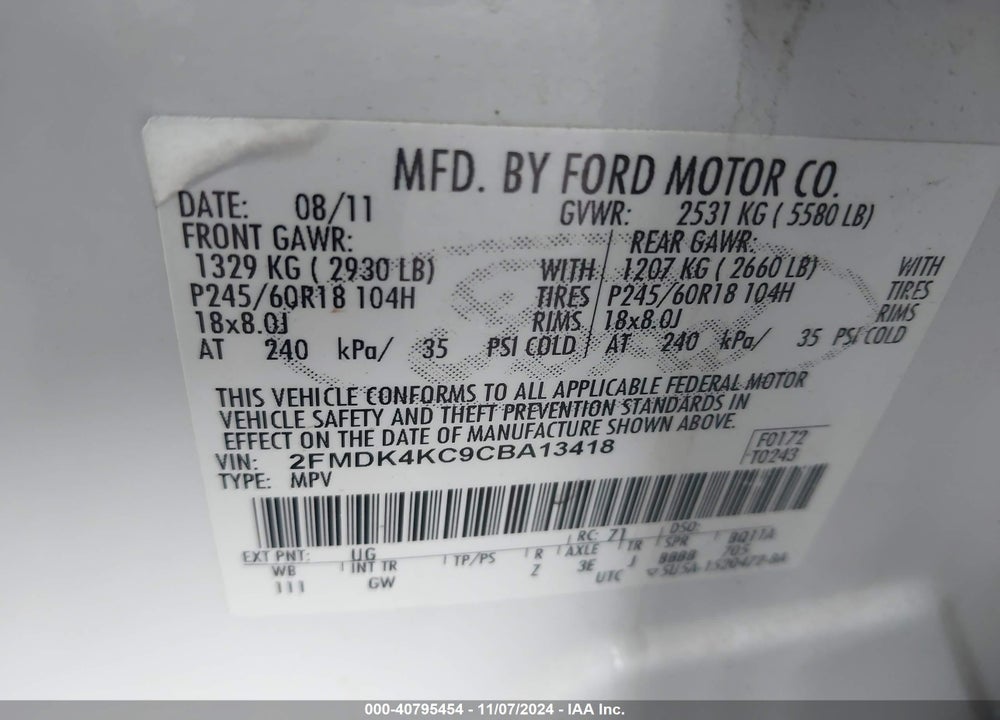 2012 FORD EDGE LIMITED VIN: 2FMDK4KC9CBA13418