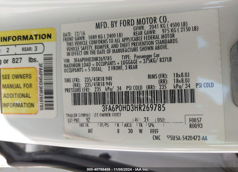 2017 FORD FUSION SE VIN: 3FA6P0HD3HR269785