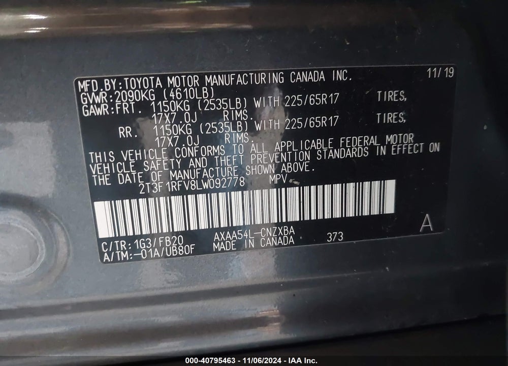 2020 TOYOTA RAV4 LE VIN: 2T3F1RFV8LW092778