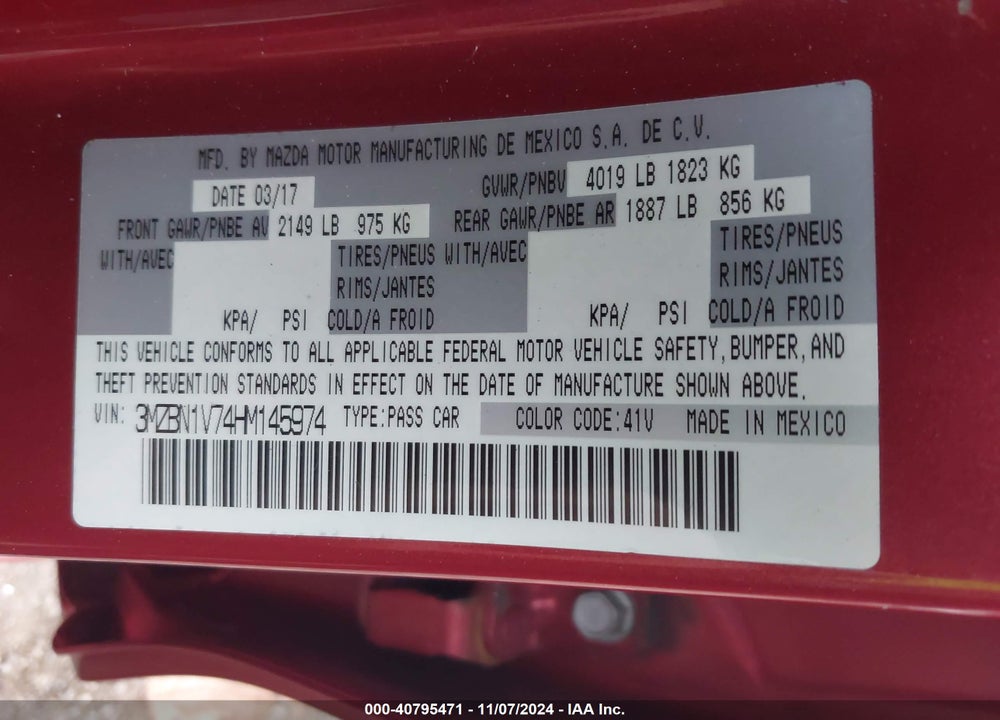 2017 MAZDA 3 TOURING VIN: 3MZBN1V74HM145974