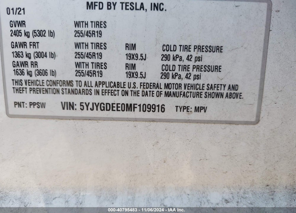 2021 TESLA MODEL Y LONG RANGE DUAL MOTOR ALL-WHEEL DRIVE VIN: 5YJYGDEE0MF109916