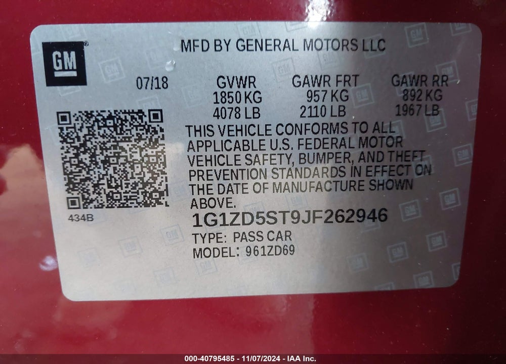 2018 CHEVROLET MALIBU LT VIN: 1G1ZD5ST9JF262946