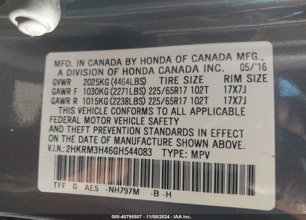 2016 HONDA CR-V SE VIN: 2HKRM3H46GH544083