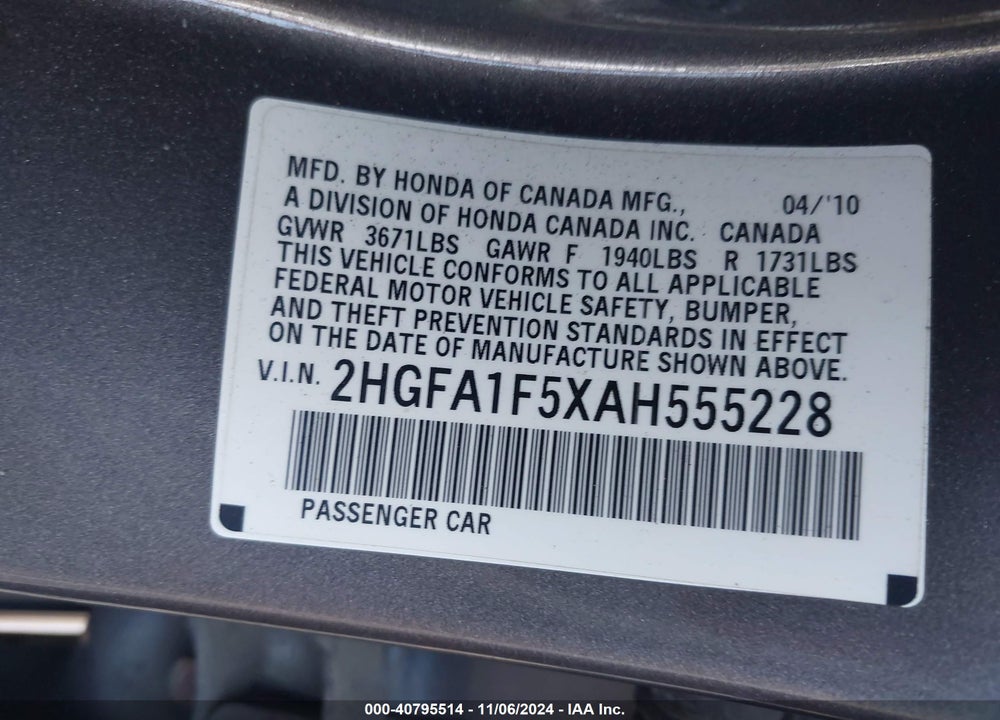2010 HONDA CIVIC LX VIN: 2HGFA1F5XAH555228