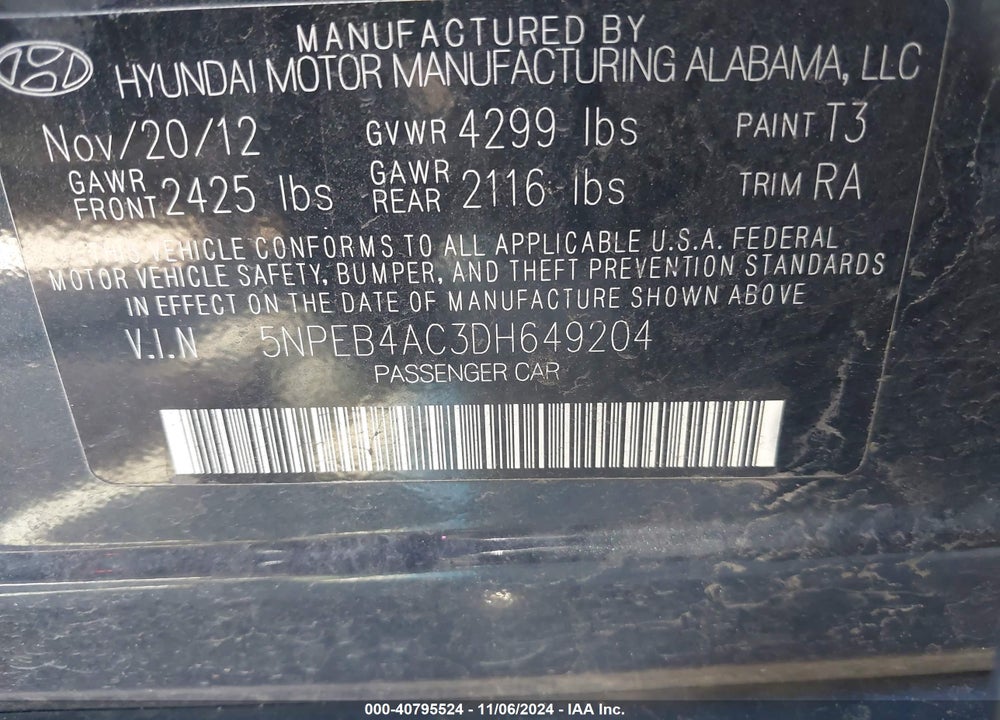 2013 HYUNDAI SONATA GLS VIN: 5NPEB4AC3DH649204