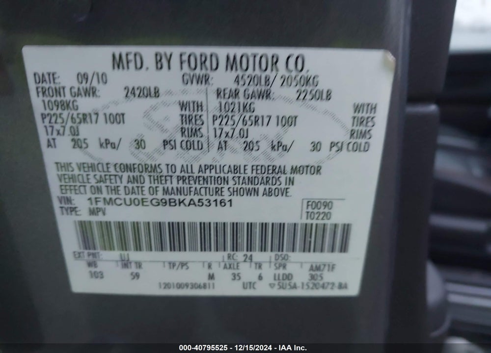 2011 FORD ESCAPE LIMITED VIN: 1FMCU0EG9BKA53161